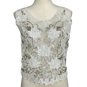 Vintage Hand Finished Floral Sequined White Silver Beaded Lace Applique Top